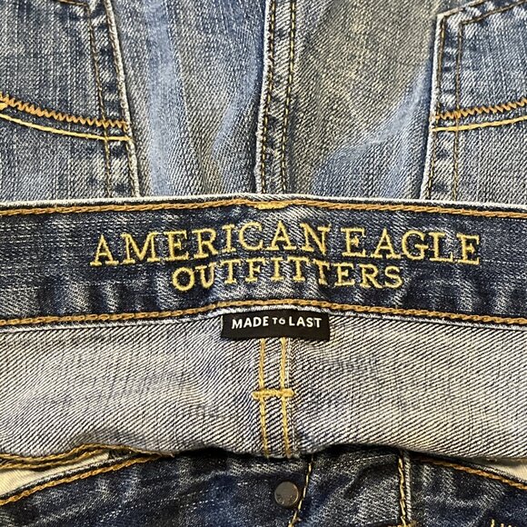 Men's American Eagle AE Original Straight Denim Jeans SZ 30x34 Blue Distressed - Picture 11 of 13